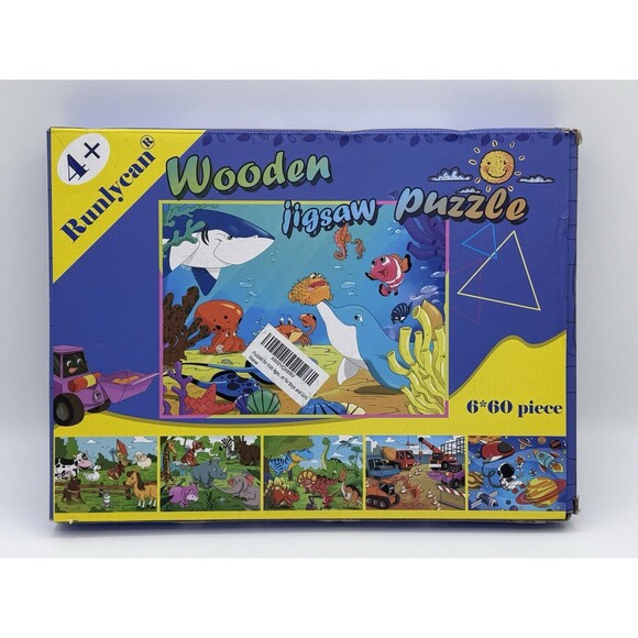 Wooden Jigsaw Puzzles Set Of 6 Children’s Ocean Farm Zoo Space Trucks Dinosaurs - Picture 1 of 5